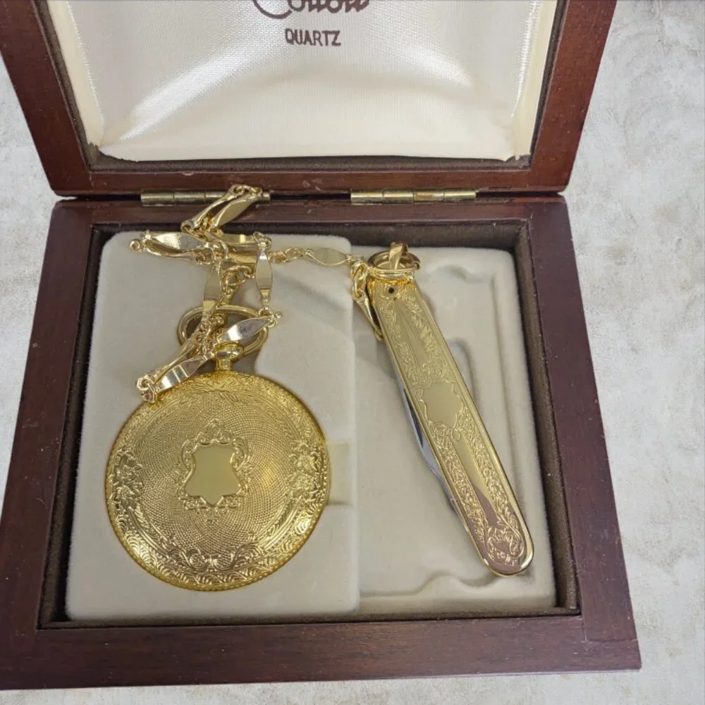 COLIBRI -- Swiss Quartz Pocket Watch/PenKnife, NOT WORKING, Wood Box, Never Used
